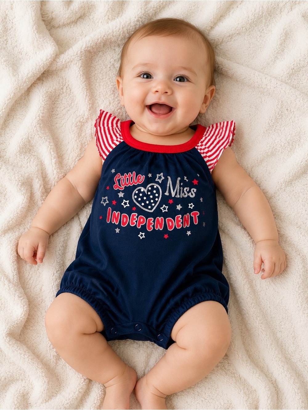 Navy 'Little Miss Independent' Baby Romper with Red Trim